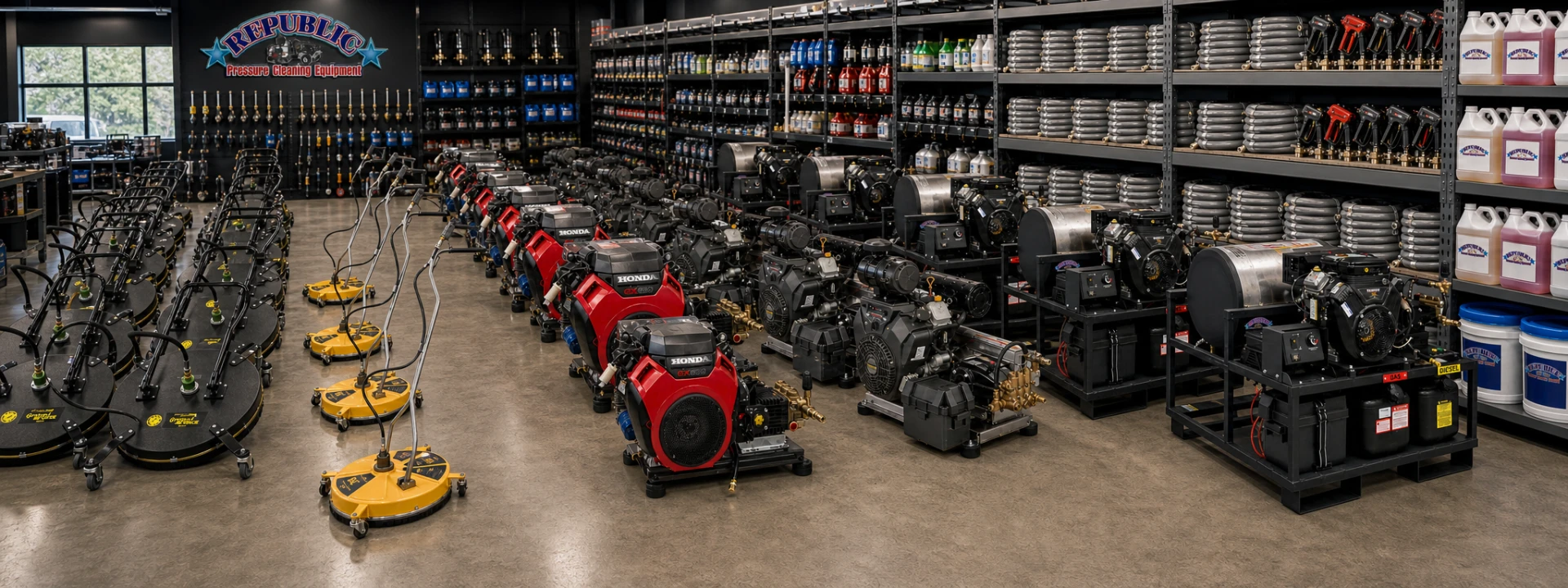 Republic Pressure Cleaning Equipment showroom in San Antonio, Texas stocked with pressure washers, surface cleaners, hoses and detergents